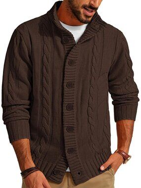 🆕Men's Dark Brown Cable Knit Cardigan Sweater Button Down Stand Collar Jacket